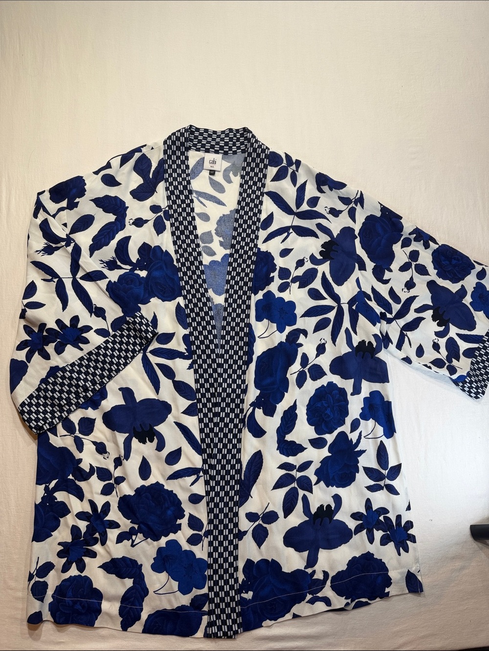 CAbi White Tunic with Bold Blue Floral Print and Check Trim open side slits